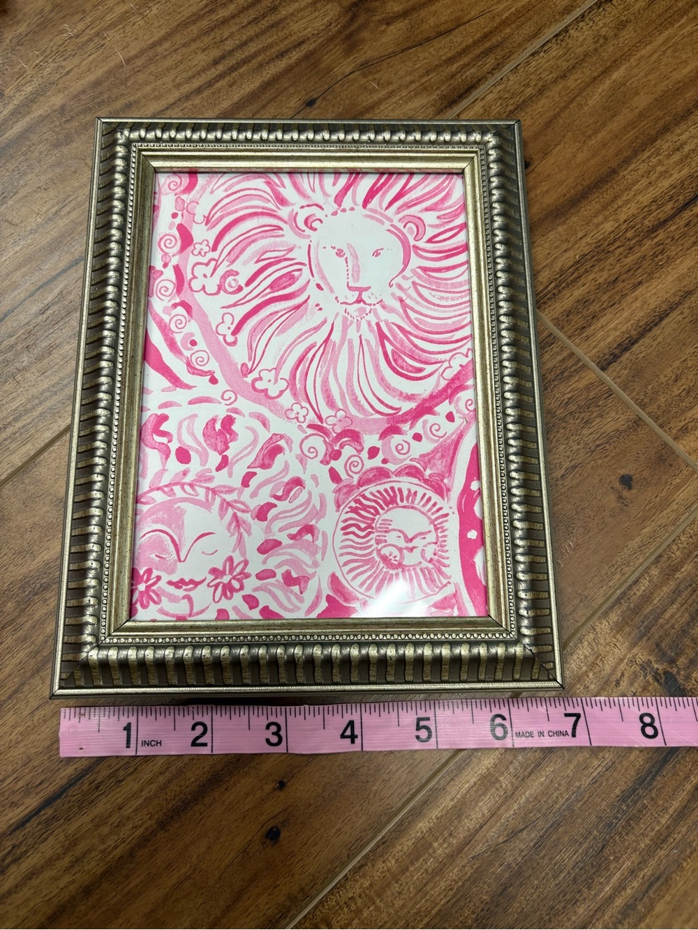 Lilly Pulitzer framed art print lion sun design, glass & gold frame